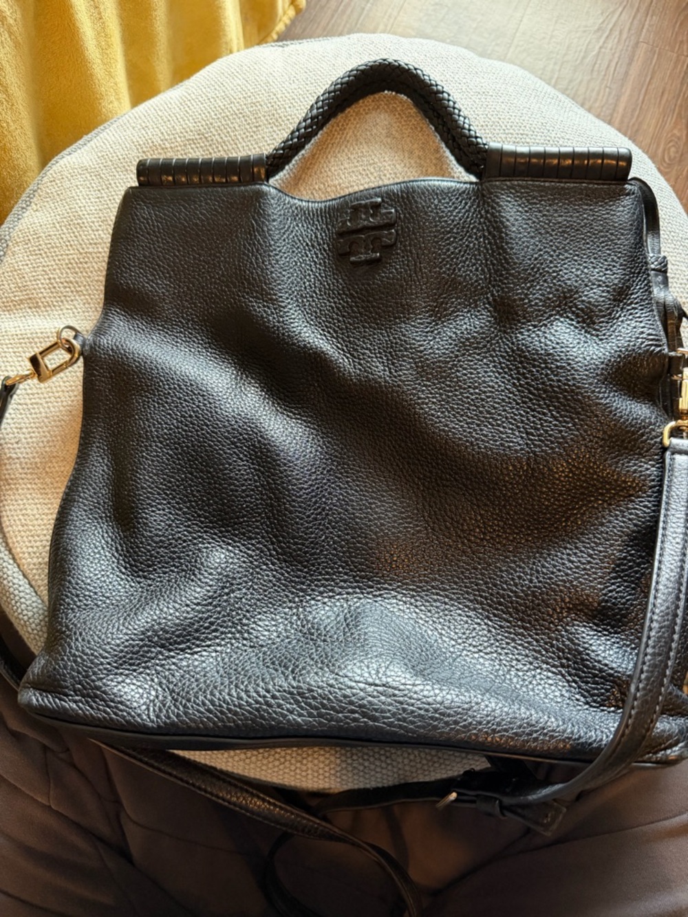 Tory Burch Black Pebbled Leather Top-Handle Shoulder Tote